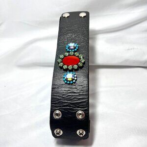 Liz Paiacios 2"x 8 1/2" Black Leather Stones Bracelet-Adjustable 4 Snaps-Shine